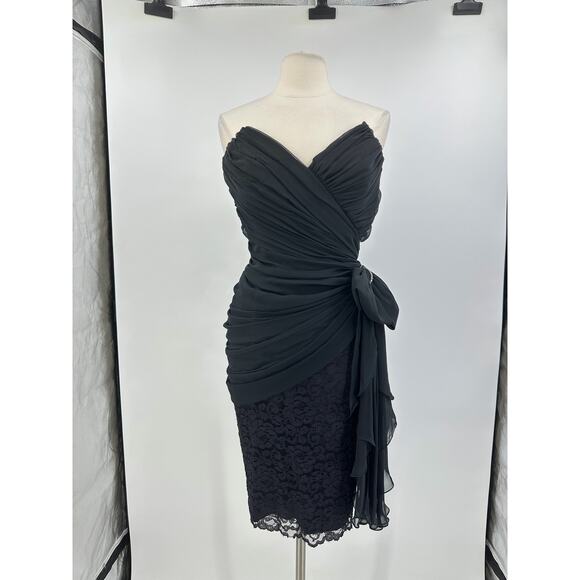 Vintage Lillie Rubin Womens 10 Cocktail Dress Black Strapless Bow Lace Party - Picture 2 of 13